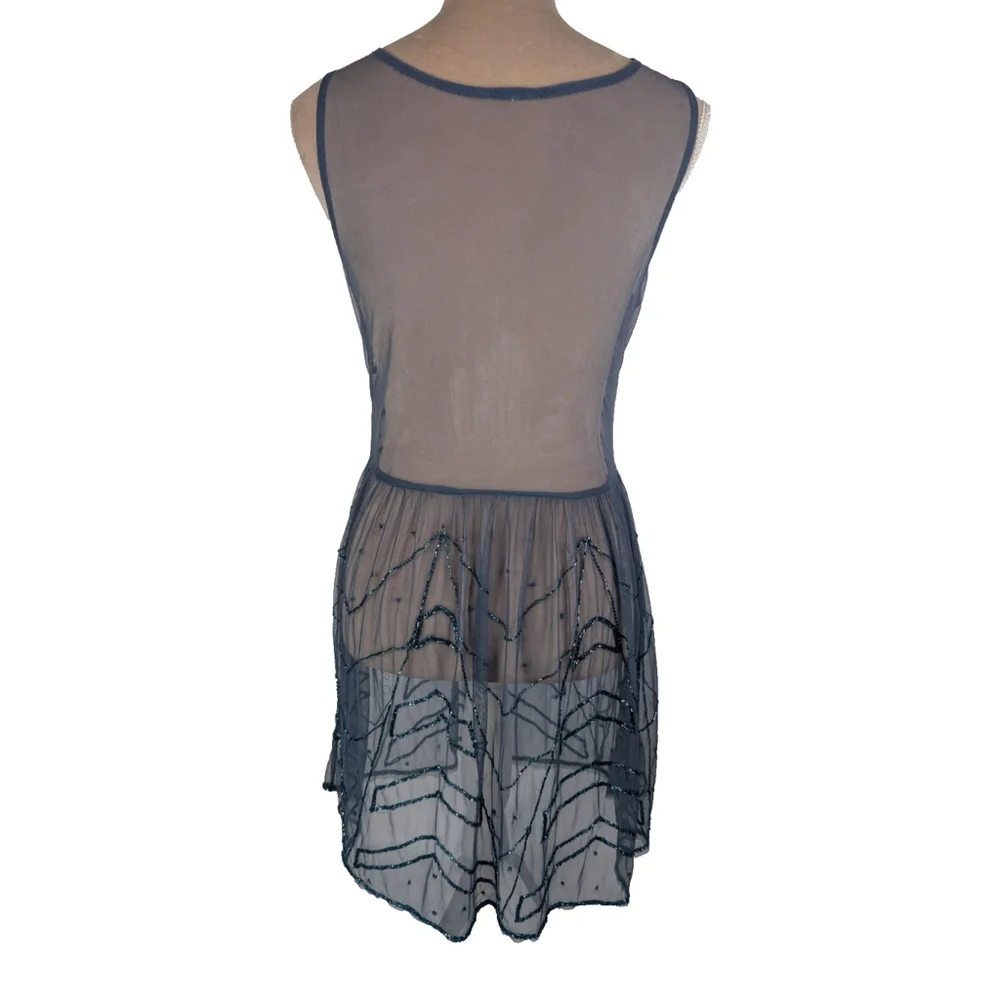 Two Free People Embellished Mesh Mini Dress XS Beaded Pink Blue Y2K Boho Glam